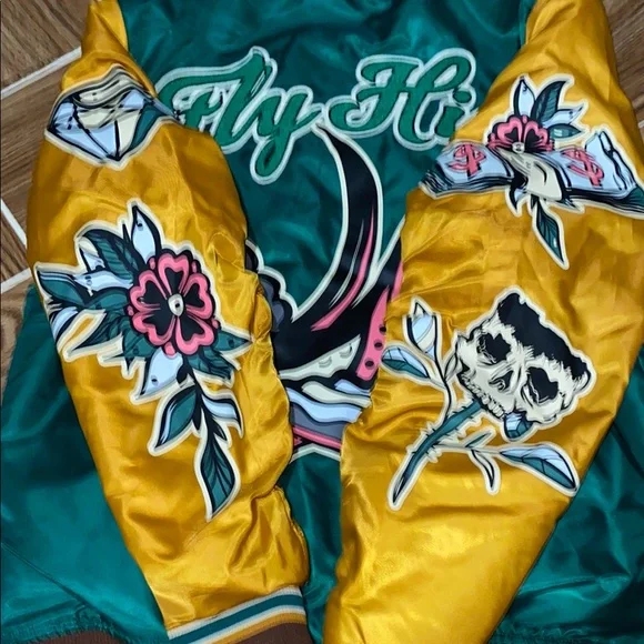 Green and Yellow Embroidered Bomber Jacket - Picture 3 of 3
